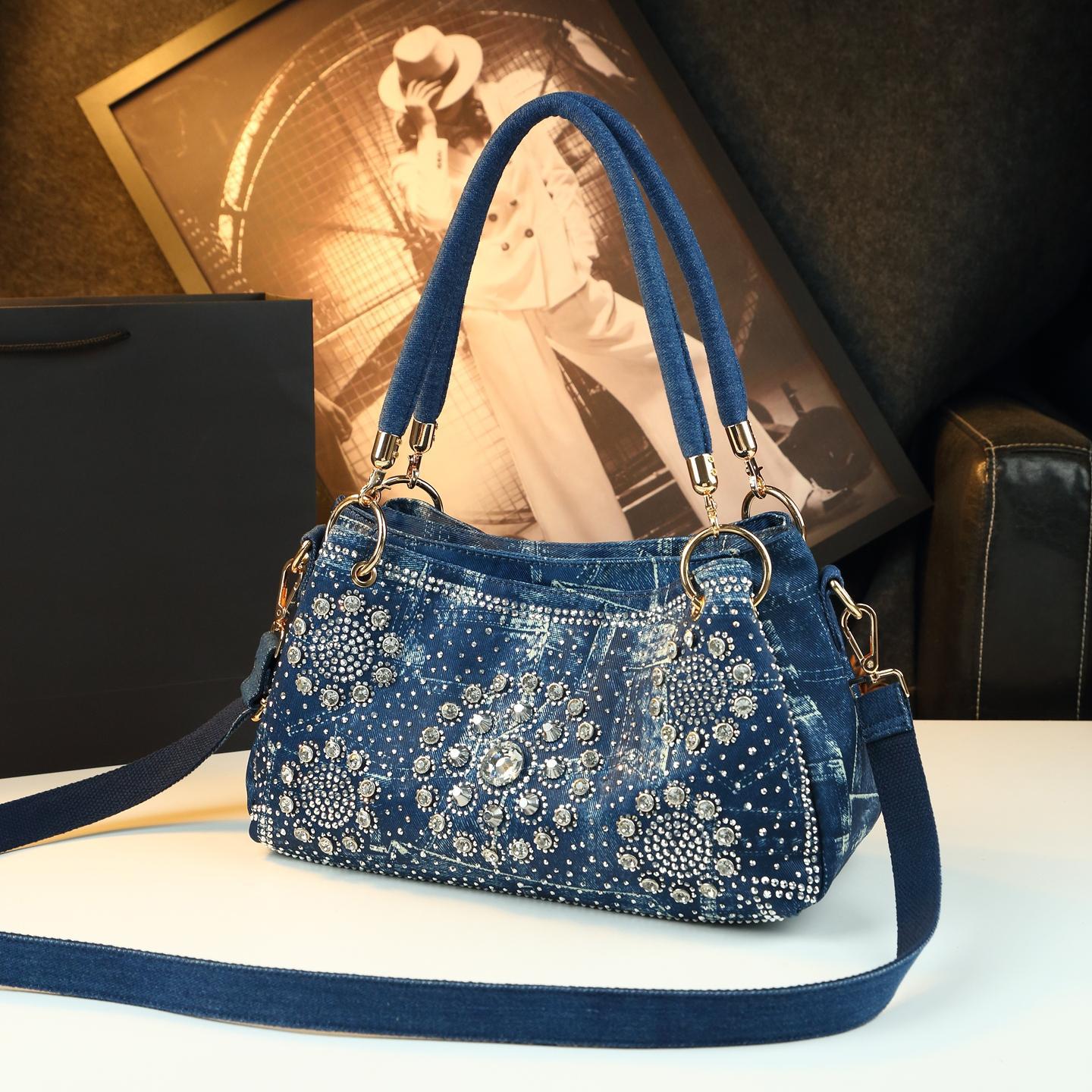 Túi đeo chéo nữ denim phong cách lang thang, thiết kế đính đá thời trang — Cao bồi Owl, Cao bồi trắng khoan, Ngôi sao năm cánh đen