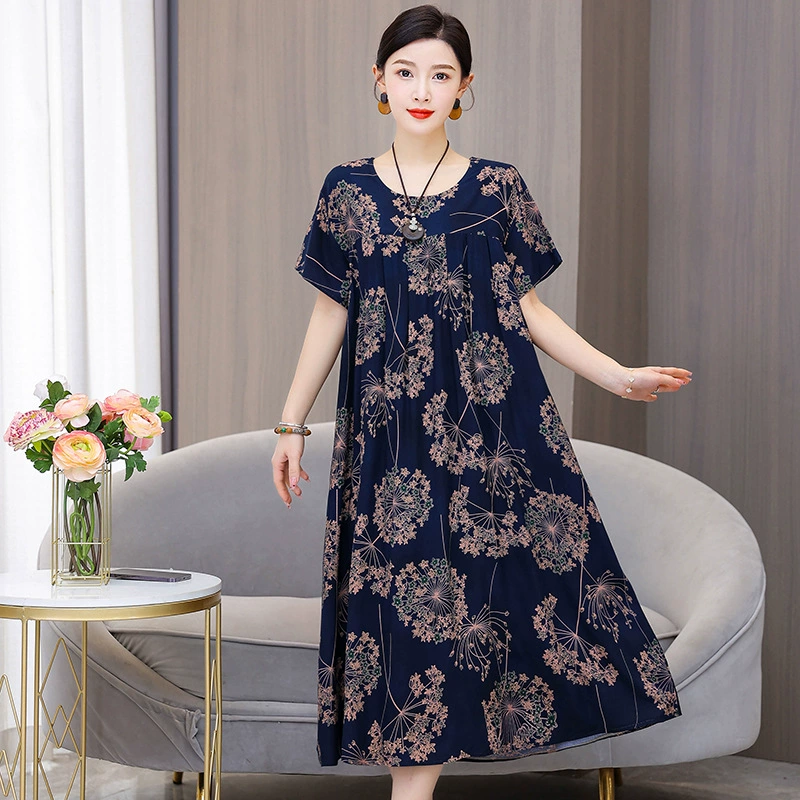 Летнее платье из хлопкового шелка, модная верхняя одежда 2025 года, новая искусственная хлопковая юбка в этническом стиле для мам, длинная до колена с широким подолом