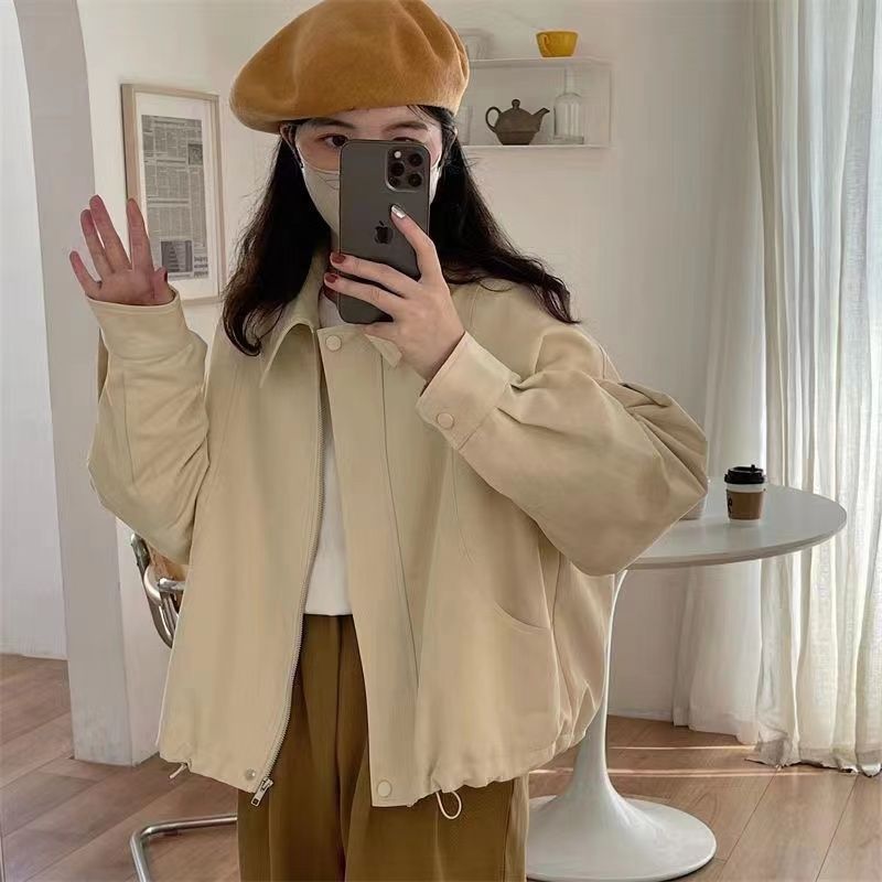 连帽工装外套女式春秋新款宽松复古显瘦连帽简约款插肩袖上衣外套|undefined