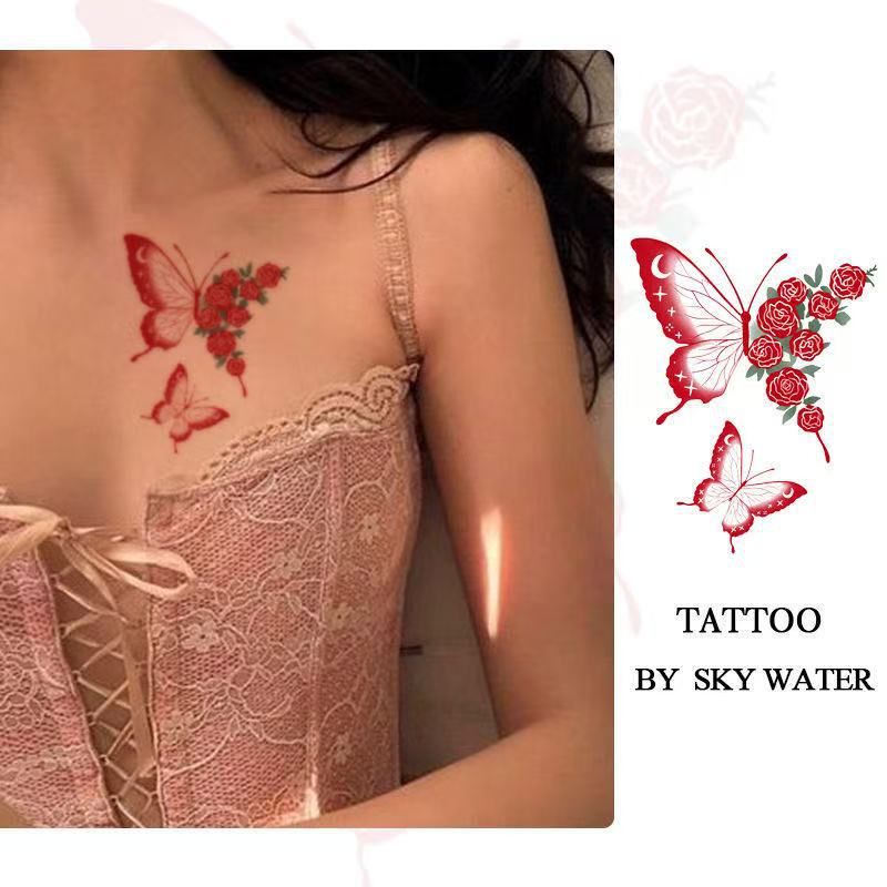 Butterfly Rose Color Rose Tattoo Little Red Book with Permanent Lasting Realistic Pure Desire Style ins High Color Value