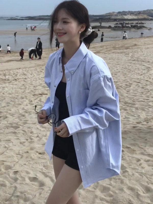 2025早春季韩系穿搭蓝色条纹衬衫上衣女装超好看长袖防晒衬衣外套|undefined