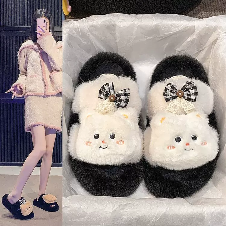 卡通软萌小熊厚底毛毛拖鞋女外穿2025秋季新款家毛绒防滑棉拖