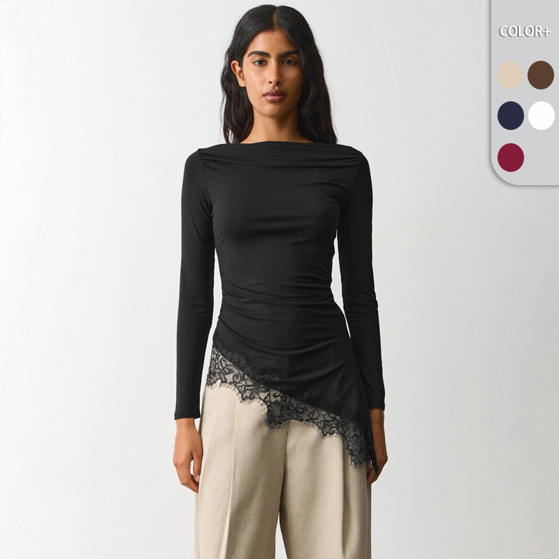 Cross-border bestseller long-sleeve lace trim patchwork t-shirt, sexy hot girl style slim-fit knit top, inner layer base shirt for women Cross-border bestseller long-sleeve lace trim patchwork t-shirt, sexy hot girl style slim-fit knit top, inner layer base shirt for women
