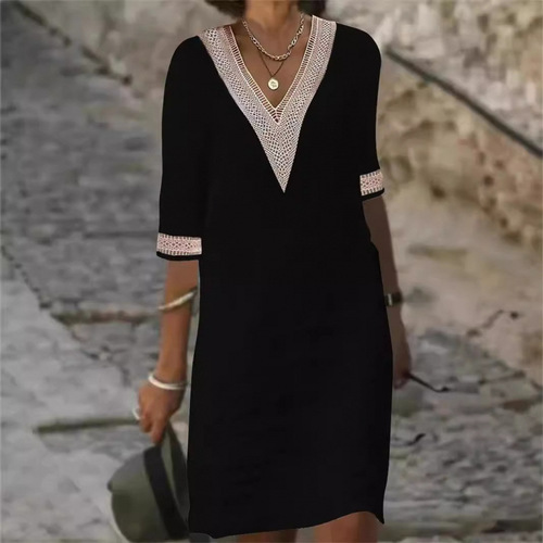 2025 New European and American Women's Fashion Independent Store Solid Color V-Neck Lace Edge Medium-Sleeve Cotton Linen Casual Dress