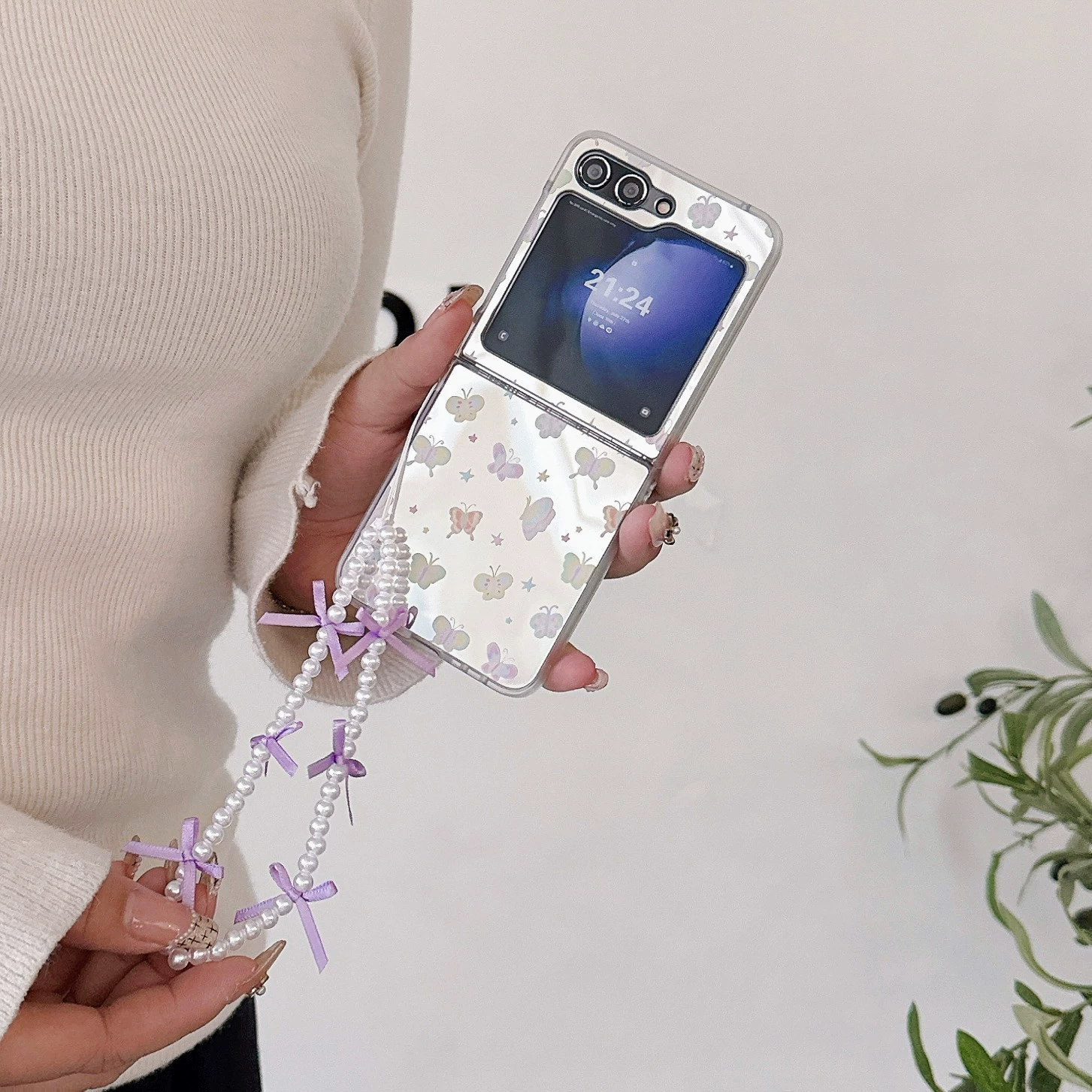 Samsung, совместимый GalaxyZFlip6 с бантом, чехол, защитный чехол, браслет, эффект зеркала, 3/4