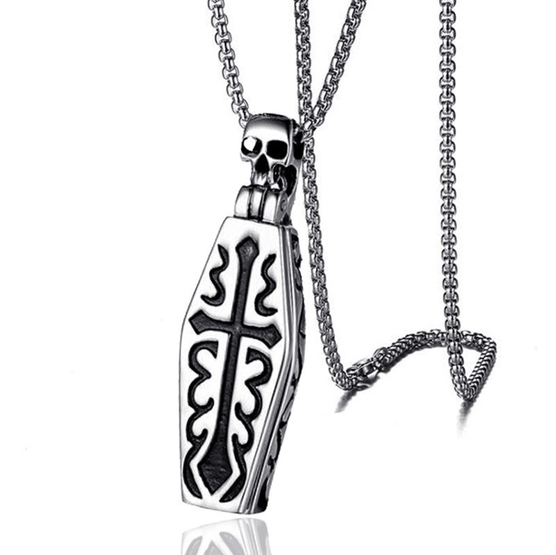 Muerte collar de acero de titanio de los hombres dominante ataúd colgante de los hombres de Europa y América Cruz colgante accesorios de cadena larga al por mayor