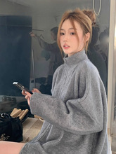 慵懒风黑色高领毛衣外套开衫女秋冬新款宽松休闲拉链针织衫上衣潮