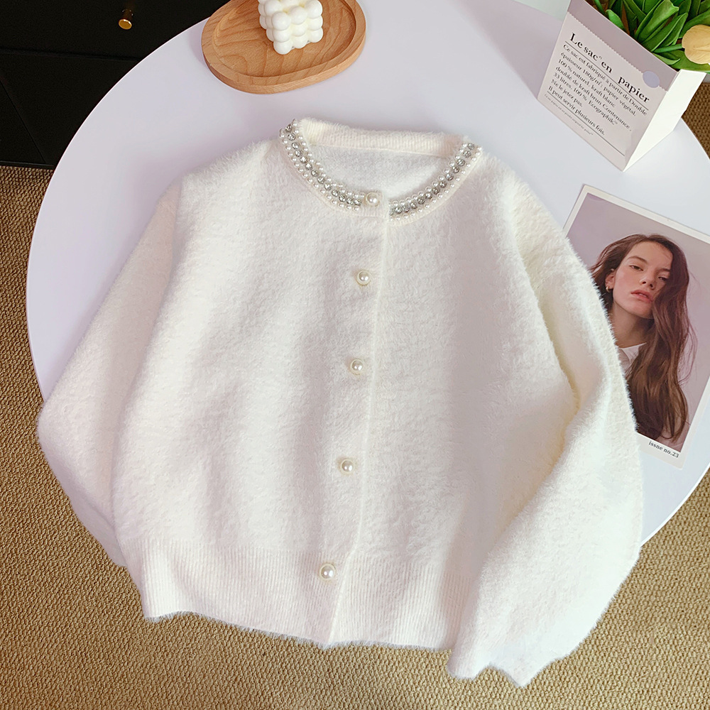 Heavy Beaded and Diamond-Studded Chanel-Style Knitted Cardigan for Women, New Autumn and Winter Design with a Niche Faux Mink Sweater Jacket