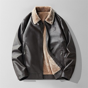 2024 new style suitable for two-fleece-lined light mature fan car leather coat men's autumn and winter Korean suit collar casual pu