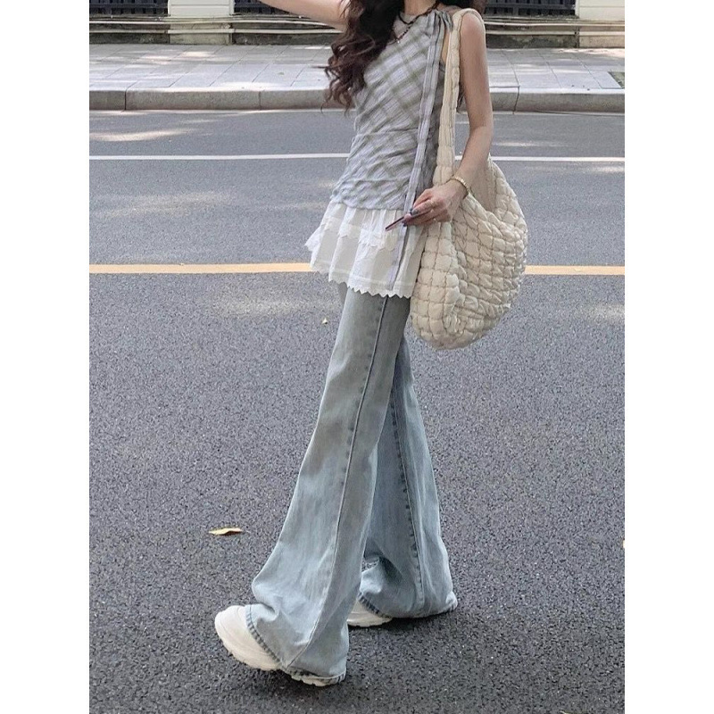 Petite Low-Rise Women's Light-Colored Slimming American Retro Cotton Pants Spring and Autumn Floor-Length Denim Pants