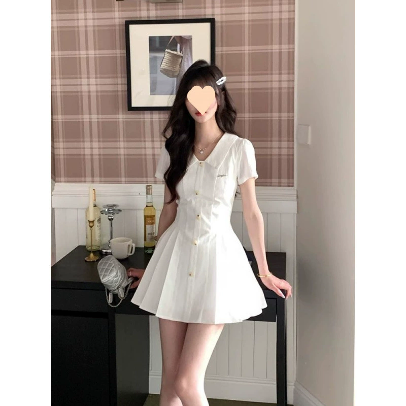 [Sea Salt Jasmine] Белое текстурированное платье-рубашка в студенческом стиле, летняя плиссированная юбка на талии для женщин первой любви
