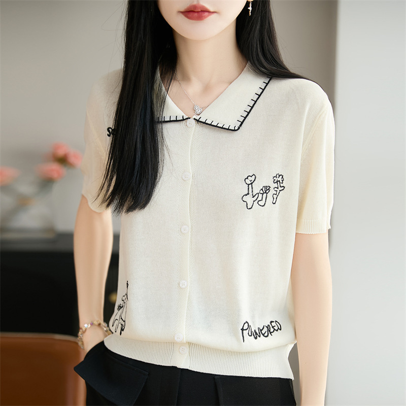 Pearl Linen Polo Collar Knitted Cardigan Short-Sleeved Women's Color-Blocked Embroidered Top with New Design for Spring and Summer 2026