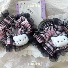 甜美紫色格子蕾丝花边大肠发圈可爱kitty猫公仔马尾发绳扎发皮筋