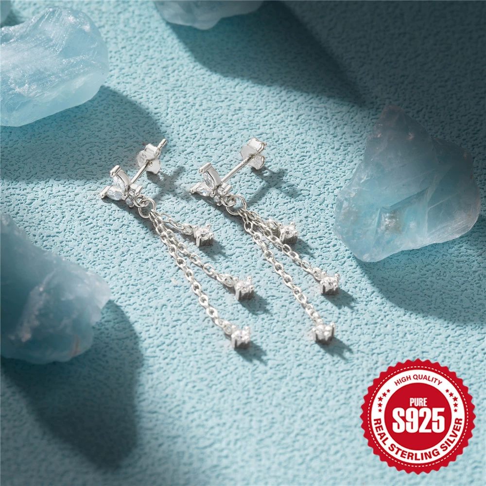 Chain with tassels, earrings, silver 925 sample, Korean style