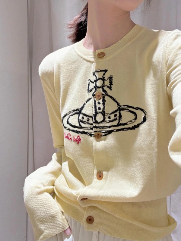 西太后开衫黄色卡通土星毛衣女修身显瘦长袖圆领针织开衫带纽扣25|undefined