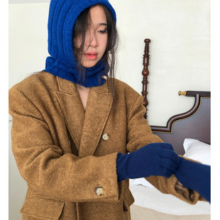 2023 South Korea blogger style solid color knitted hooded scarf hat warm windproof winter warm wool hat for women