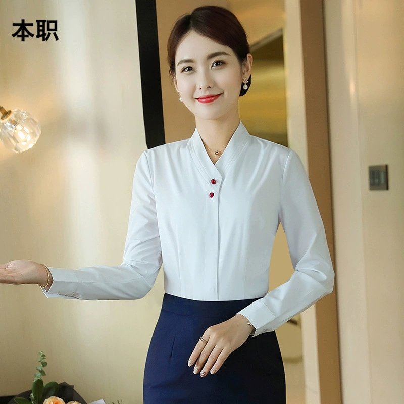 [Прием] Женский весенний и осенний ресепшн белый V-образный вырез с длинными рукавами рубашка женская профессиональная рубашка продажа рабочей одежды