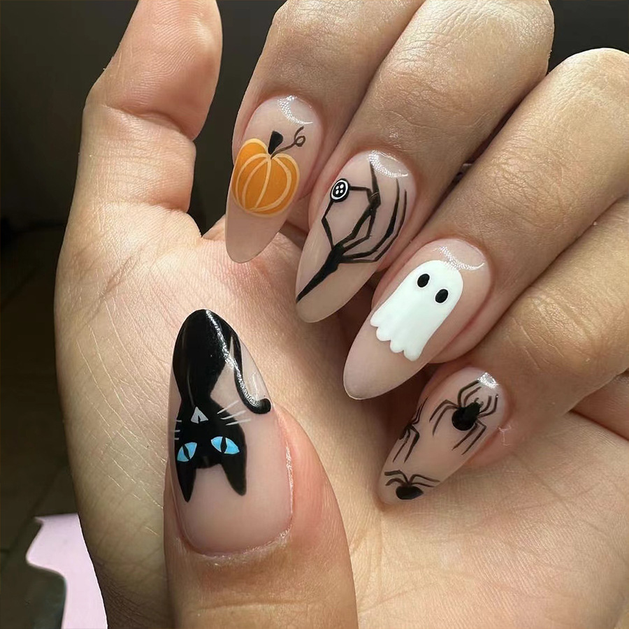 Short oval bright almond spider web ghost pumpkin cute 20.24 million holy day nail art new wear armor 24 pieces_voghion.com