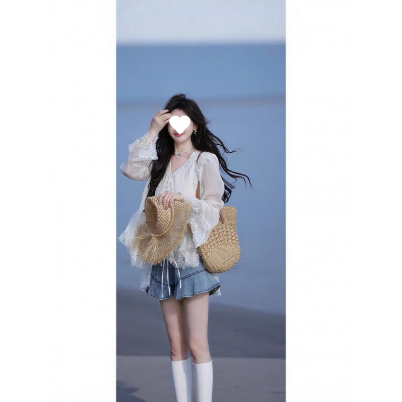 夏季2025新款一整套女装韩系穿搭氛围感蕾丝拼接衬衣牛仔喇叭|undefined