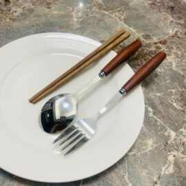 焦糖色鸡翅木柄便携餐具四件套不锈钢勺叉筷学生户外套装