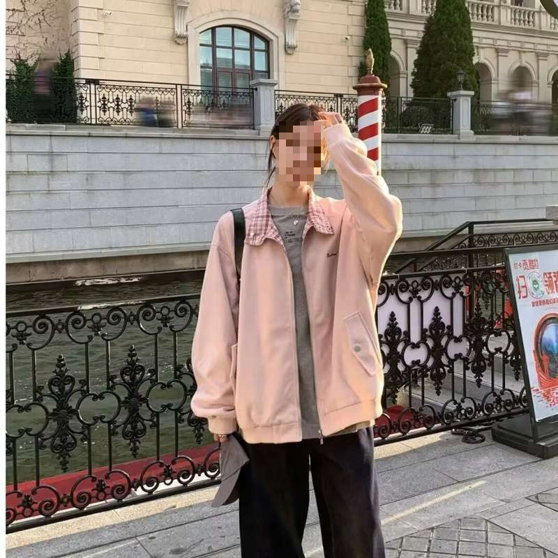 La Chapelle Plaid Splicing Lapel Imitation Suede Pink Outwear Women's Autumn Loose and Chic Cardigan Jacket Top