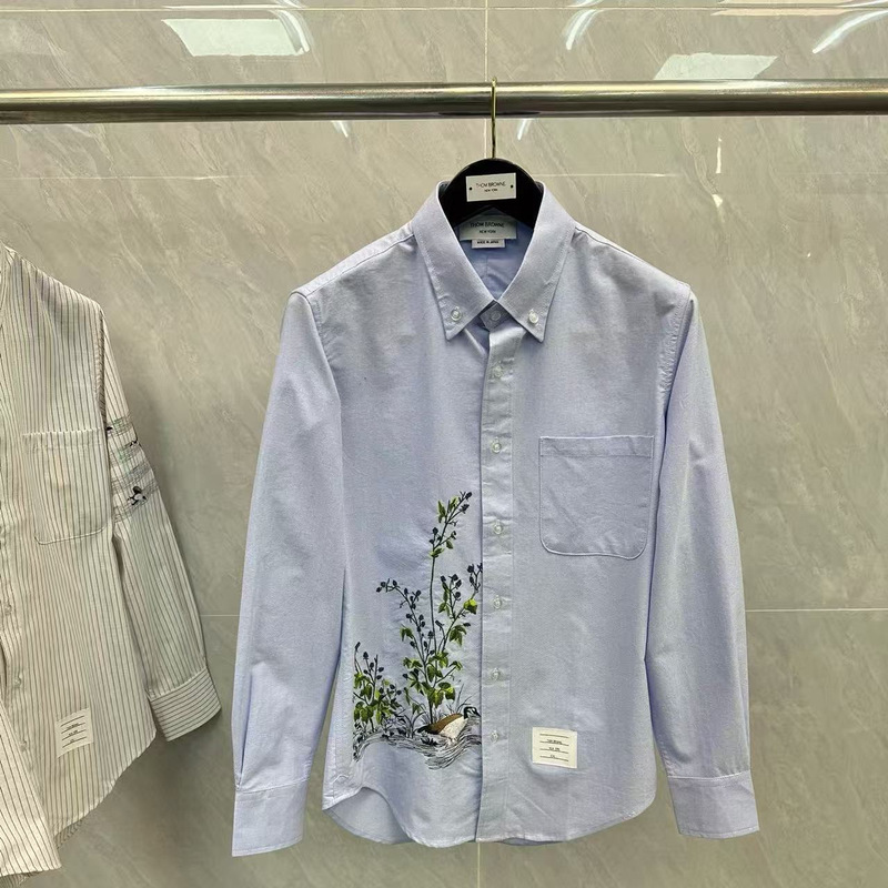 Factory Direct Sale Tb Yanjing Satin Embroidered Lapel Oxford Cloth Shirt Casual Versatile Unisex Long-Sleeve Shirt