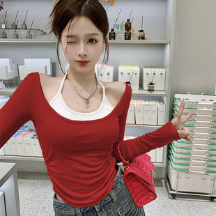 Design Sense Hanging Neck Real Two-piece Contrast Color Long-sleeved T-shirt Women's New Autumn Pure Slimming Short Base Clothes Short