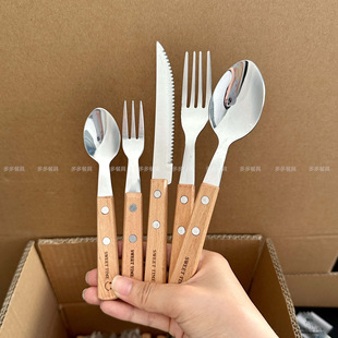 304 Stainless Steel Knife, Fork and Spoon Solid Wood Handle Tableware Smiley Logo Dessert Spoon Fork Creative Western Restaurant Home