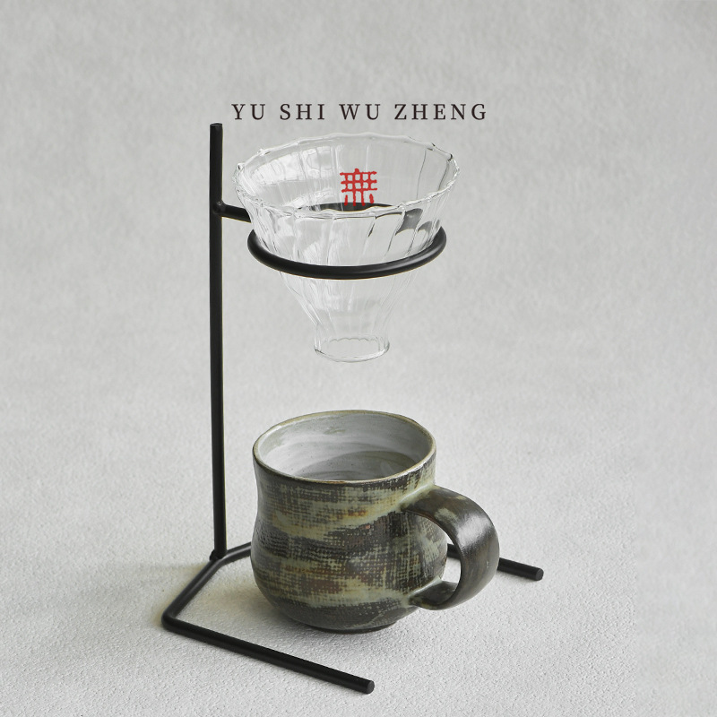 Creative Hand-Brewed Coffee Set for One Person, Hemp-Patterned Stoneware Tea and Coffee Cup, Glass Filter Cup, Iron Frame, Designer