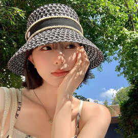 高级感法式小香风渔夫帽女春夏季镂空编织盆帽复古优雅显脸小帽子