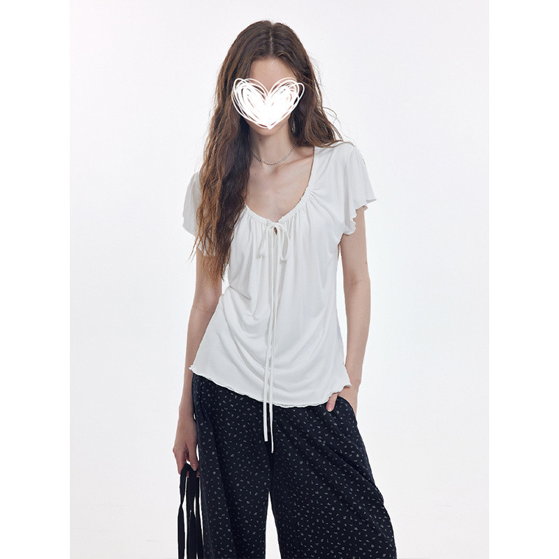 MosesQueen/Gentle and Relaxed Vacation Pleated Tie-Waist Slimming Short-Sleeve T-Shirt Top for Summer MosesQueen/Gentle and Relaxed Vacation Pleated Tie-Waist Slimming Short-Sleeve T-Shirt Top for Summer
