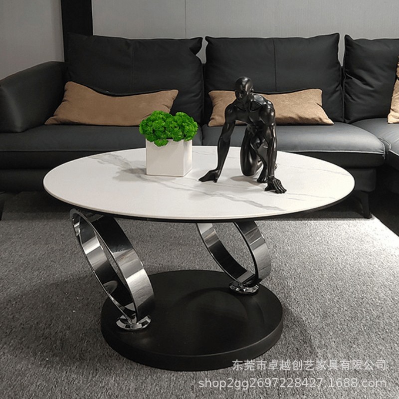 意式天然岩板旋转茶几小户型金属设计师现代客厅家用伸缩圆形茶台|undefined