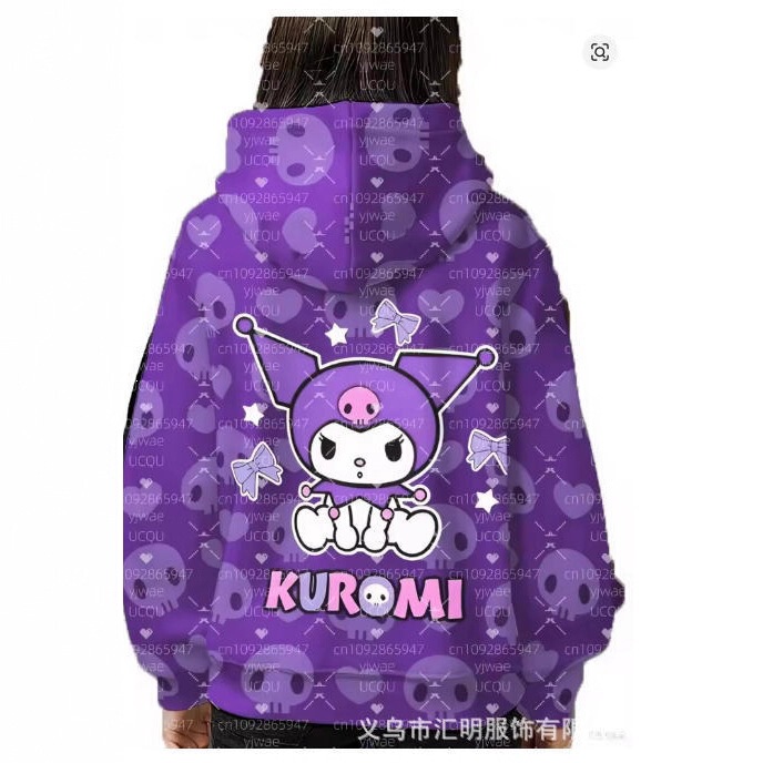 2026 Kuromi Hooded Sweatshirt Purple Full Print Skull Heart Cartoon Girl Casual Pullover Top