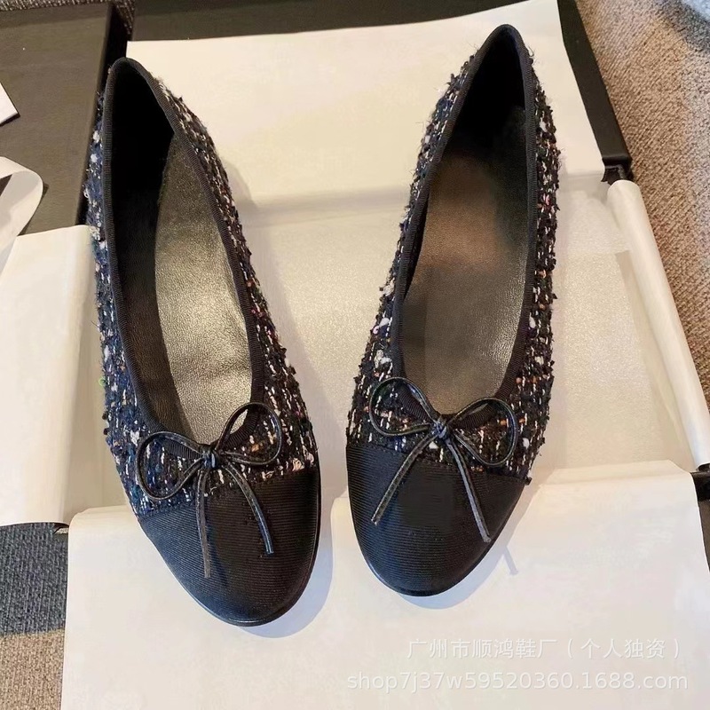 经典小香风芭蕾鞋女蝴蝶结圆头平底鞋浅口舒适百搭一脚蹬懒人鞋女|undefined