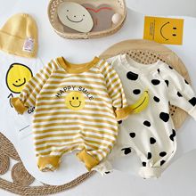 寶寶衣服秋款韓版ins嬰幼兒男女寶寶圓點香蕉條紋笑臉長袖連體衣