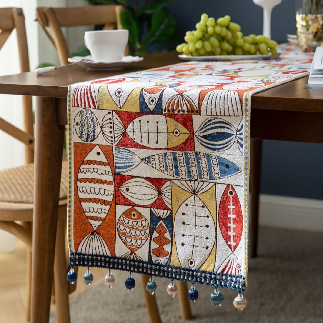 American Jacquard Table Runner Contrast Small Fish Tassel Long ...