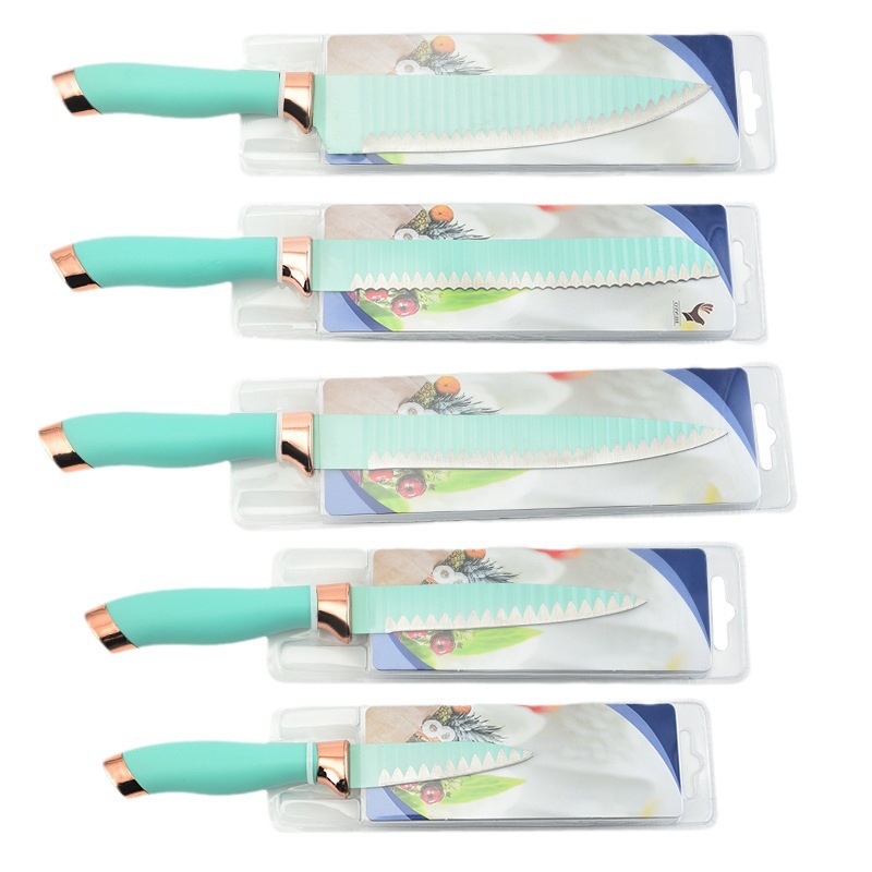 En stock Comercio exterior verde doble galvanoplastia cabeza mango patrón de onda de cinco piezas de acero inoxidable cuchillo de cocina conjunto único cuchillo de succión de doble cara