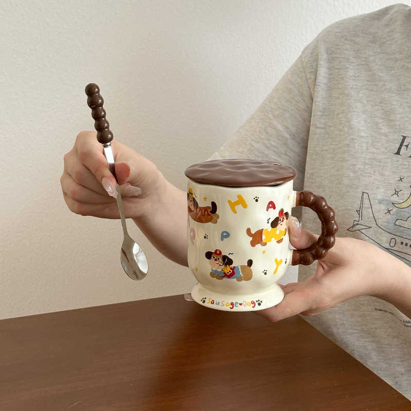 かわいいダックスフントセラミックマグ蓋スプーン付き家庭用飲料朝食コーヒーミルクカップ実用的な誕生日プレゼント|undefined