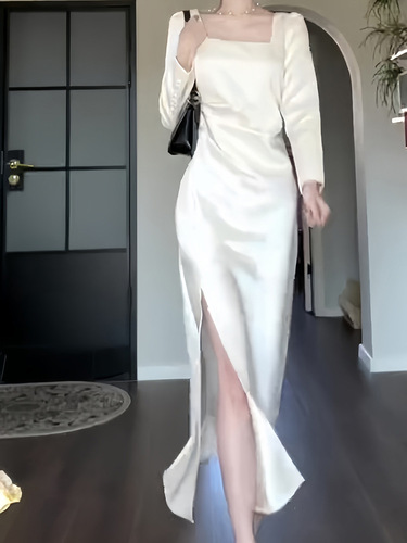 法式白色连衣裙2023新款敬酒服长袖订婚礼服女感缎面领证长裙