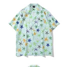 冰丝衬衫男短袖夏季防晒凉感透气上衣服痞帅外套青少年印花衬衣男