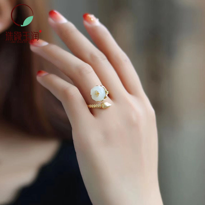 智贝主图_3新款纯银烤蓝镶嵌时尚和田玉银饰精品白玉花苞