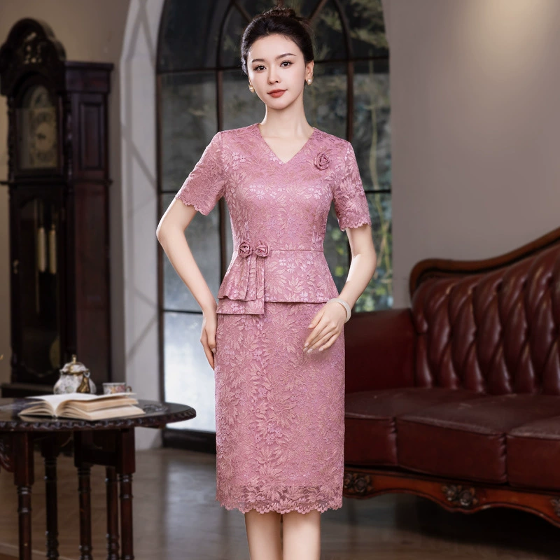 2025 лето новое платье мамы розовое кружевное свадебное платье с короткими рукавами