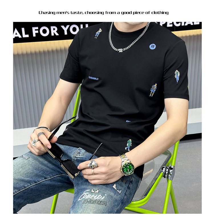 Summer Embroidered Short-sleeved Men's T-shirt American Trendy Brand 2024 New Slim-fit Crew Neck Youth Fashion Short-sleeved Bottoming Shirt_viptrois.com