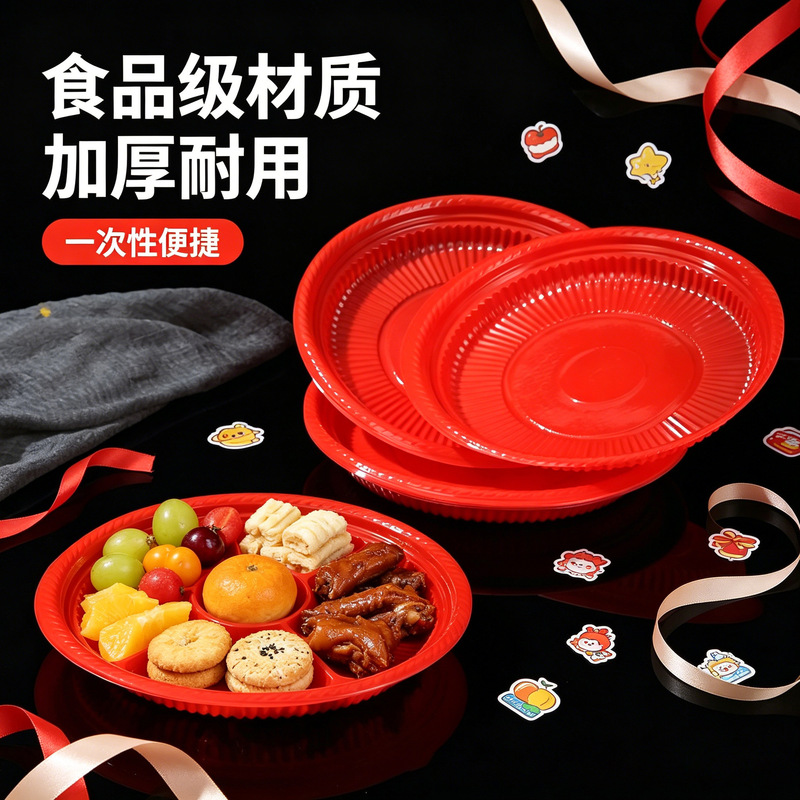 Disposable Red Round Plate, Thickened Plastic Round Dish for Home Use, Fruit and Candy Plate, 8inch 9inch Round Serving Plates for Cake