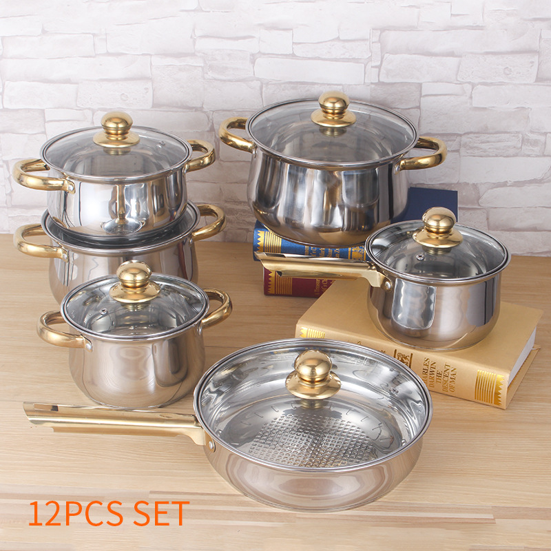 cookware set stainless steel 10 piece pot kitchen cooking milk pot export stew soup pot gold plated handle