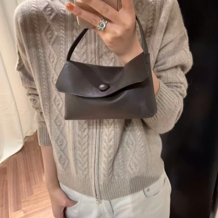 Row New Women's Handbag 2025 Crossbody Bag First-Layer Cowhide Cute Button Simple Casual Soft Leather Small Square Bag