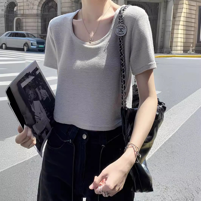 Short-sleeved U-neck T-shirt Women's 2024 Summer New Solid Color Loose Short Shoulder Towel Cotton Half-sleeved Top