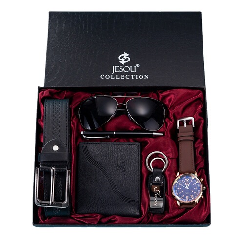 Men's watch set gift fake two-eyed quartz watch glasses + belt + wallet + keychain + + pen set