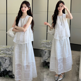 In-Stock Tencel Embroidered Sleeveless Maternity Babydoll Top + Skirt Maternity Set with Pig Nose Buttons Maternity Skirt