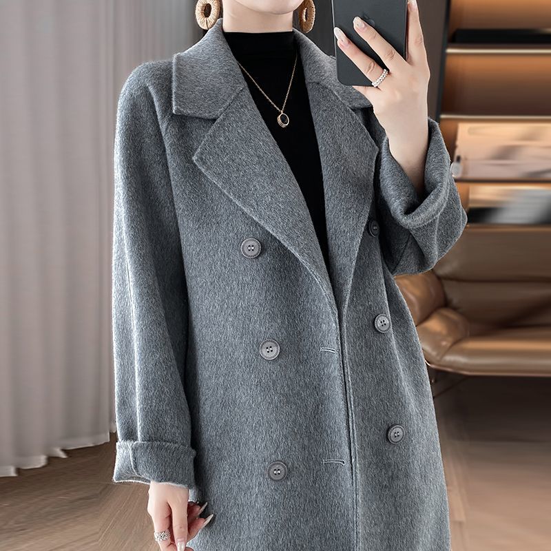 新款羊毛呢双面呢羊毛大衣女士双排扣长款秋冬季赫本风外套